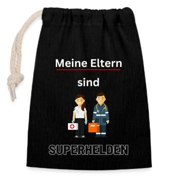 Meine Eltern sind Superhelden - Verschließbarer Geschenkbeutel aus Baumwolle (14x20cm) - Schwarz - Vorne