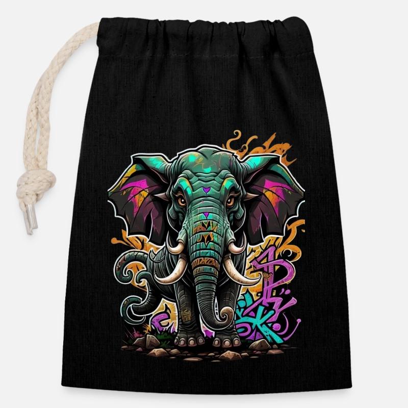 Graffiti éléphant - Sac cadeau en coton avec cordon (14 x 20 cm) - noir