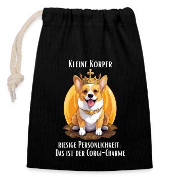 Kleine Körper, riesige Persönlichkeit:Corgi-Charme - Verschließbarer Geschenkbeutel aus Baumwolle (14x20cm) - Schwarz - Vorne