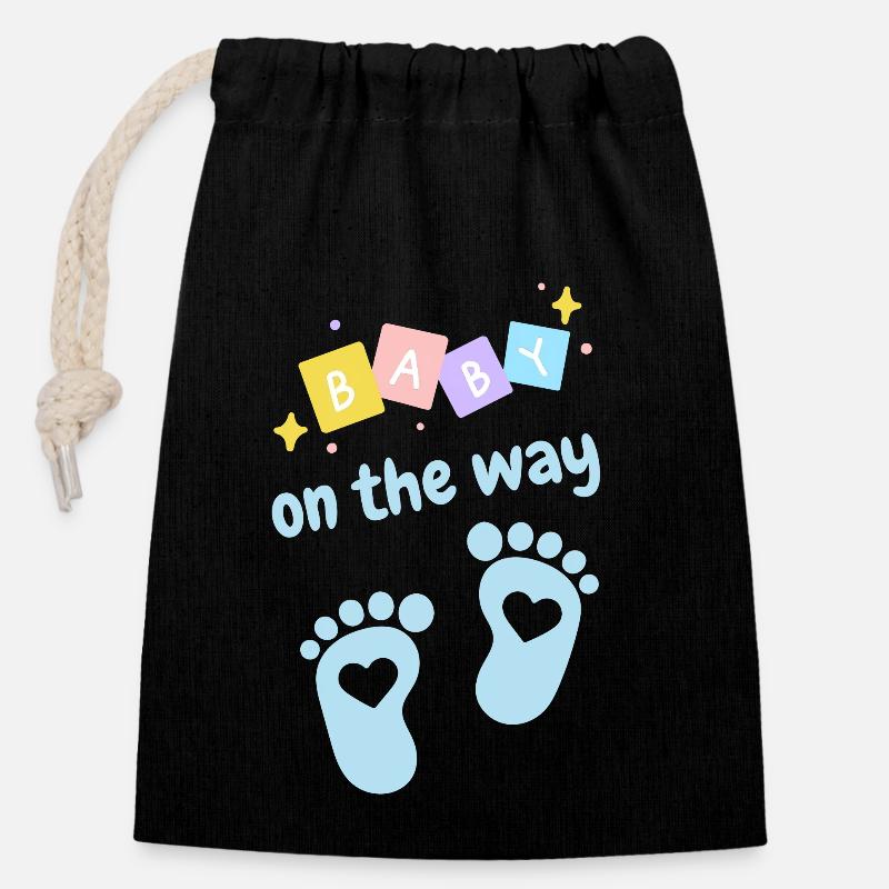 Bébé en route - bleu - Sac cadeau en coton avec cordon (14 x 20 cm) - noir
