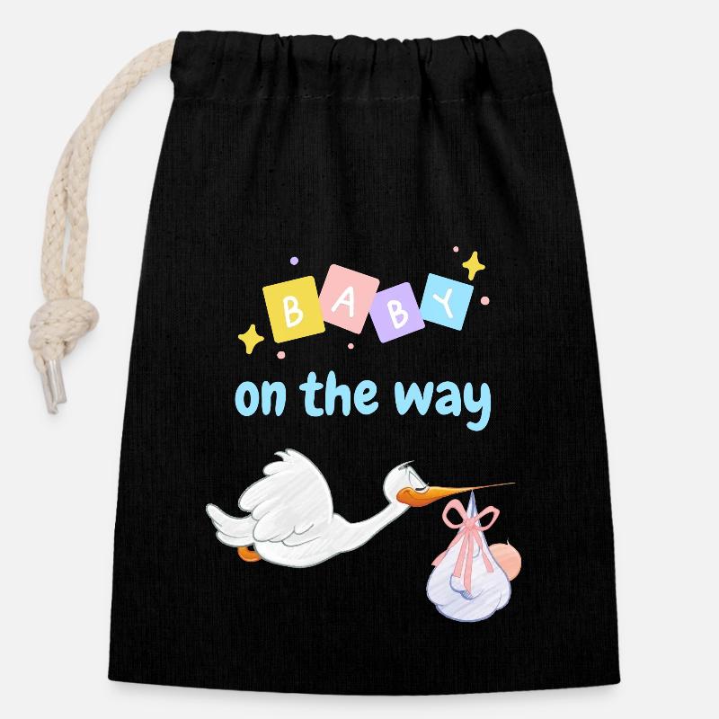 Bébé en route avec cigogne 2 - bleu - Sac cadeau en coton avec cordon (14 x 20 cm) - noir