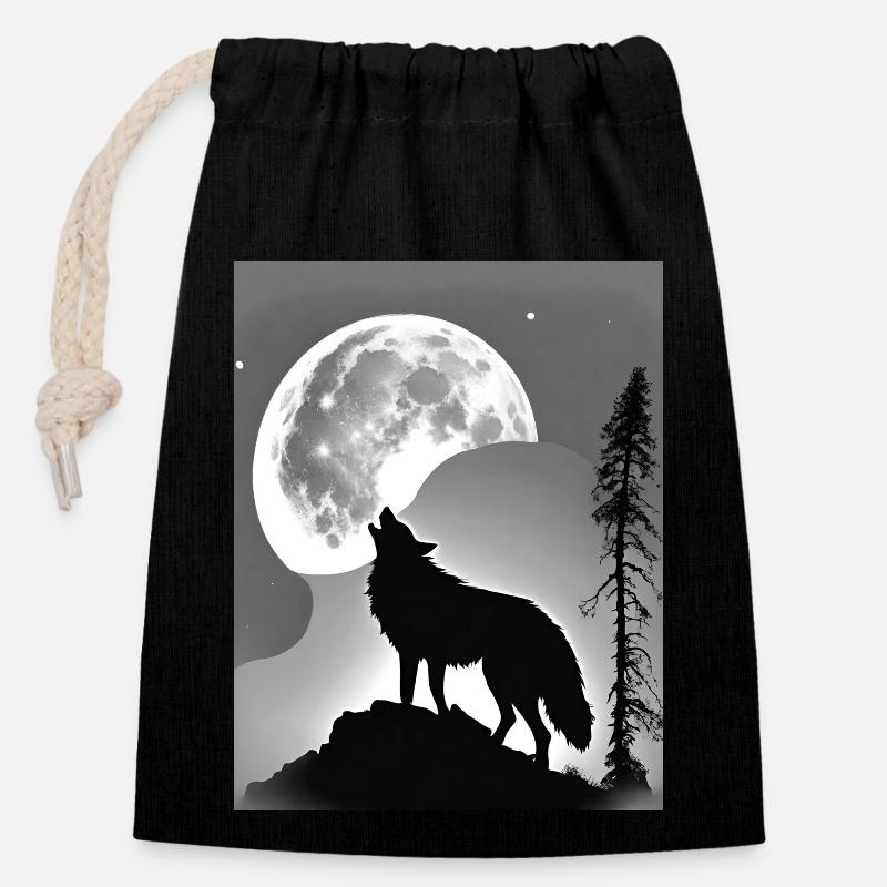 Lune de loup - Sac cadeau en coton avec cordon (14 x 20 cm) - noir