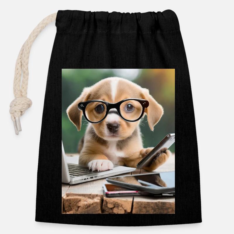 Hund mit Brille - Verschließbarer Geschenkbeutel aus Baumwolle (14x20cm) - Schwarz