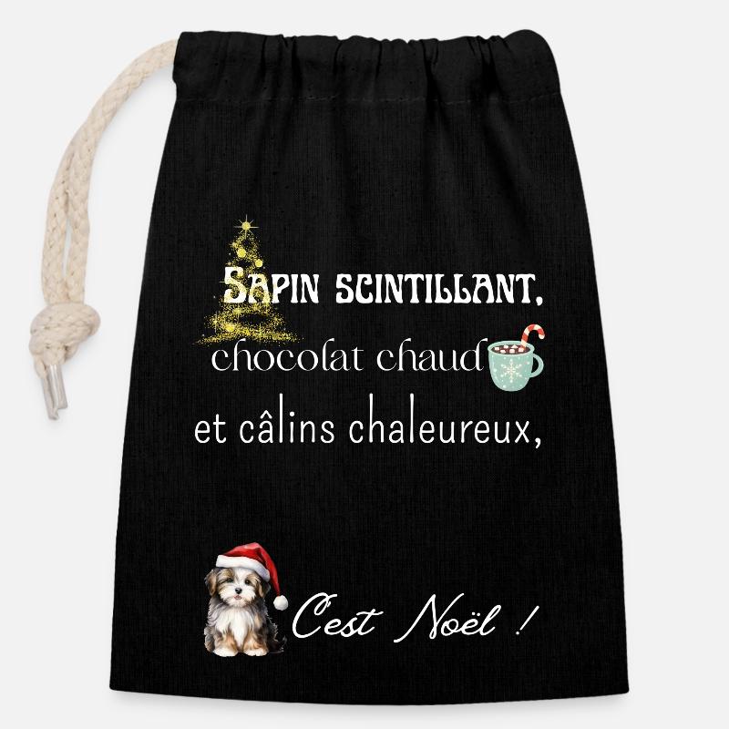 Sapin scintillant, chocolat chaud et câlins - Sac cadeau en coton avec cordon (14 x 20 cm) - noir