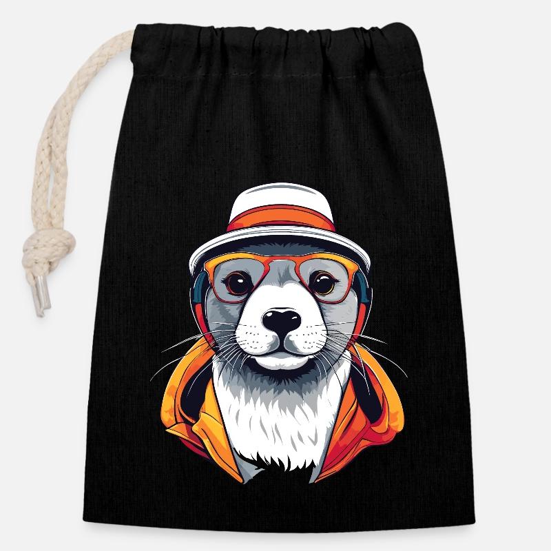 Phoque - Sac cadeau en coton avec cordon (14 x 20 cm) - noir