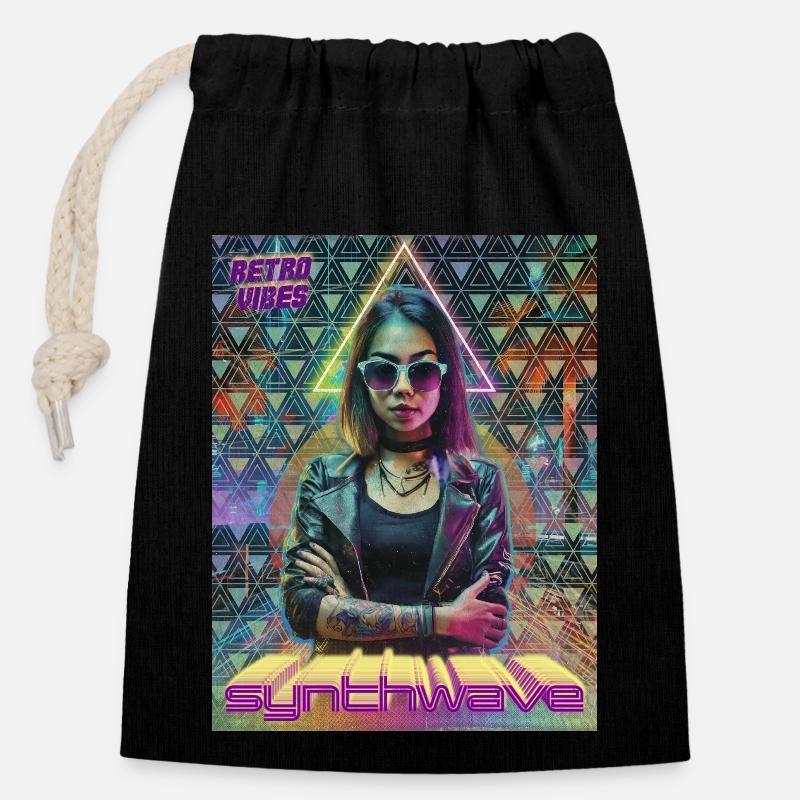 Synthwave Neon Vibes - Closable cotton gift bag (14x20cm) - black