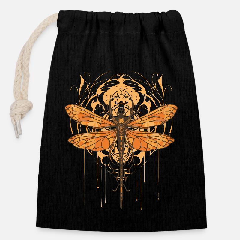 Art Nouveau - Libellule et fleurs - Sac cadeau en coton avec cordon (14 x 20 cm) - noir