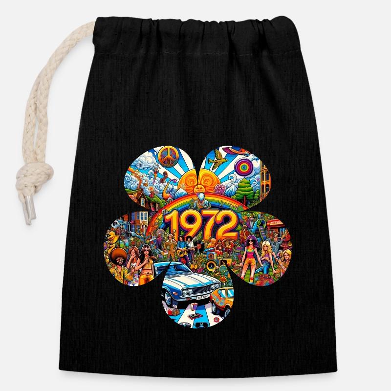 1972 (fleur) - Sac cadeau en coton avec cordon (14 x 20 cm) - noir