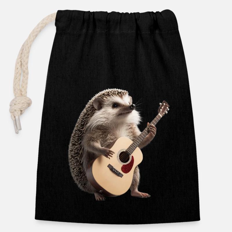 Hérisson guitare - Sac cadeau en coton avec cordon (14 x 20 cm) - noir