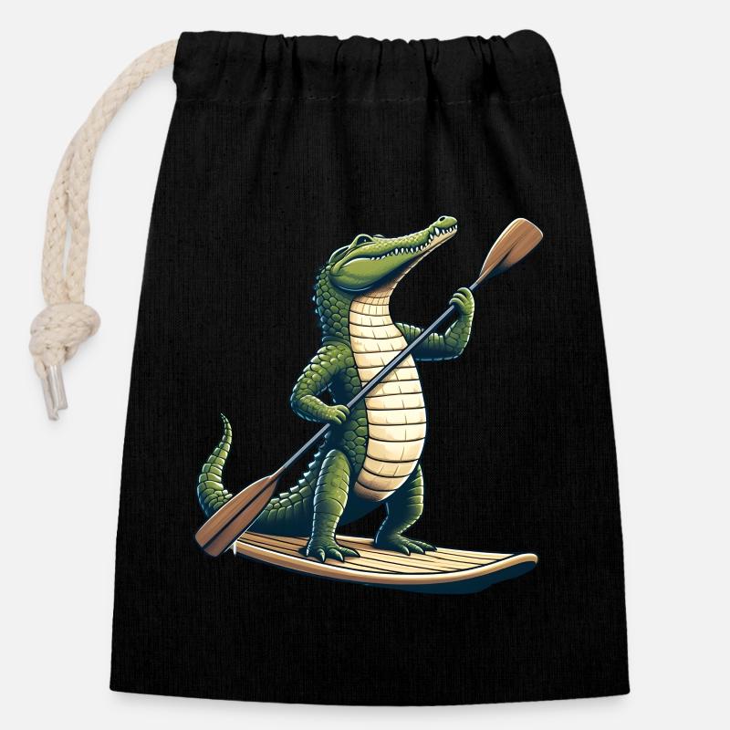 Krokodil auf Stand-up-Paddle - Verschließbarer Geschenkbeutel aus Baumwolle (14x20cm) - Schwarz