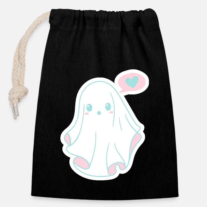 Fantôme mignon d'Halloween rose et bleu - Sac cadeau en coton avec cordon (14 x 20 cm) - noir