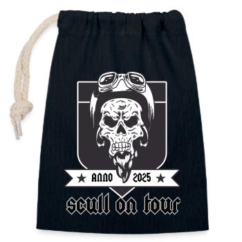 Skiff en tournée - Sac cadeau en coton avec cordon (14 x 20 cm) - bleu marine - Devant