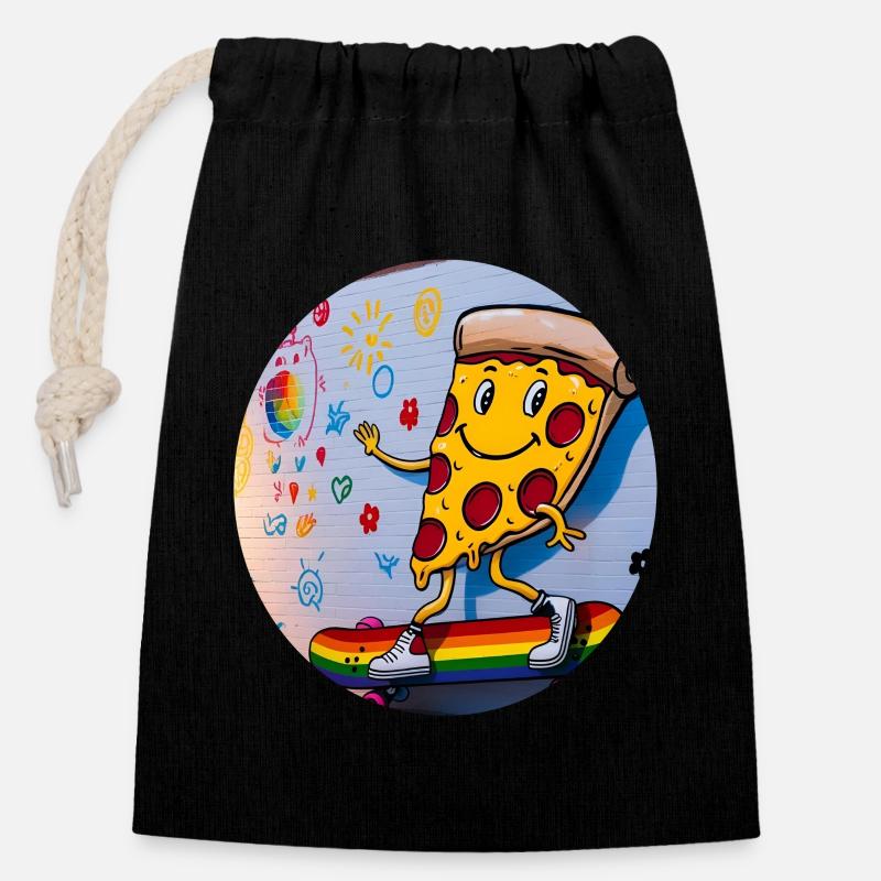 Grafiti de planche à roulettes Pizza Slice - Sac cadeau en coton avec cordon (14 x 20 cm) - noir
