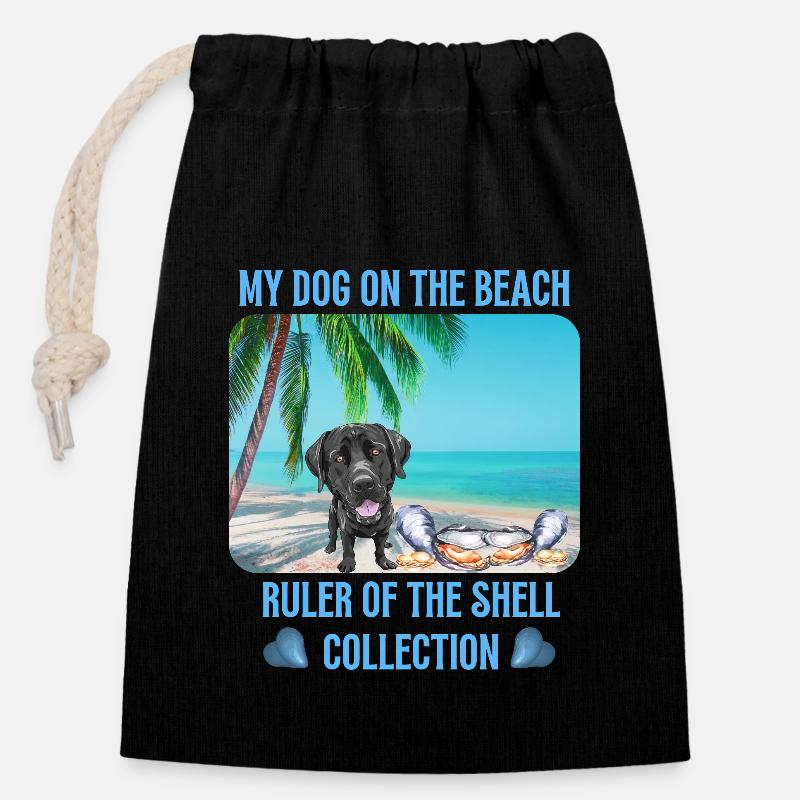 Mon chien sur la plage - Sac cadeau en coton avec cordon (14 x 20 cm) - noir