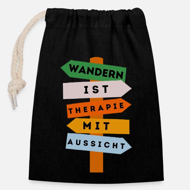 Wandern - Therapie mit Aussicht - Verschließbarer Geschenkbeutel aus Baumwolle (14x20cm) - Schwarz