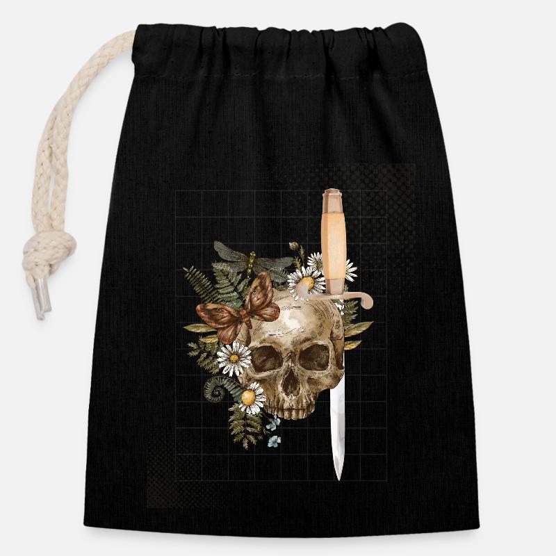 SkullRoses - Closable cotton gift bag (14x20cm) - black