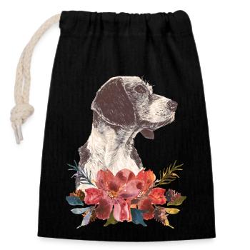 Hund und Blumen - Verschließbarer Geschenkbeutel aus Baumwolle (14x20cm) - Schwarz - Vorne
