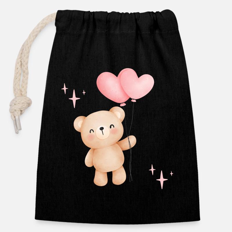 Pastel bear with heart balloons - Closable cotton gift bag (14x20cm) - black