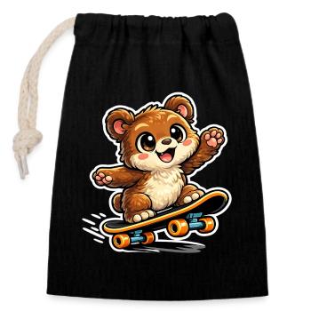 Kuschelbär Skateboard-Abenteuer - Verschließbarer Geschenkbeutel aus Baumwolle (14x20cm) - Schwarz - Vorne