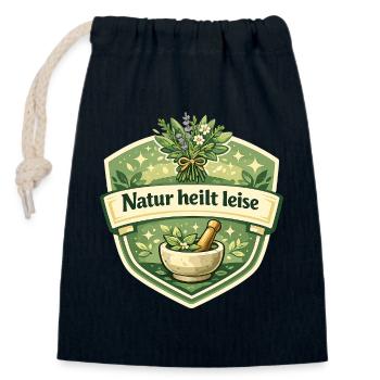 Natur heilt leise Kräuterlogo - Verschließbarer Geschenkbeutel aus Baumwolle (14x20cm) - Navy - Vorne