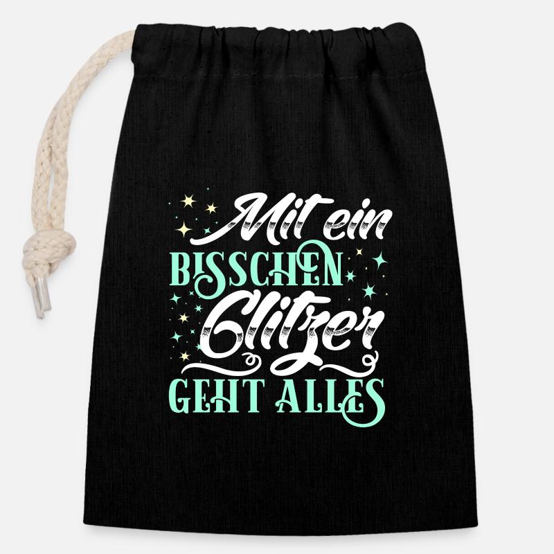 Mit ein bisschen Glitzer geht alles - Verschließbarer Geschenkbeutel aus Baumwolle (14x20cm) - Schwarz