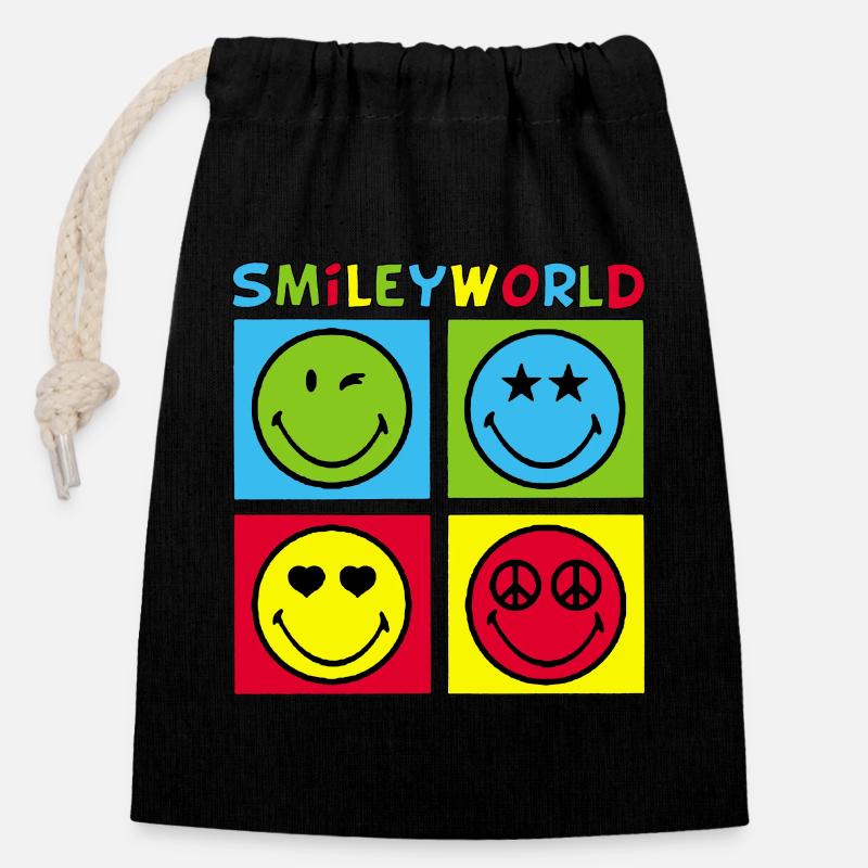 Smileys und vierfarbig - Verschließbarer Geschenkbeutel aus Baumwolle (14x20cm) - Schwarz
