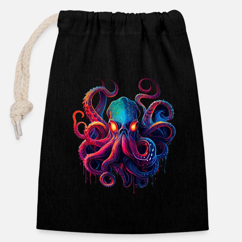 Oktopus-Illustration - Verschließbarer Geschenkbeutel aus Baumwolle (14x20cm) - Schwarz