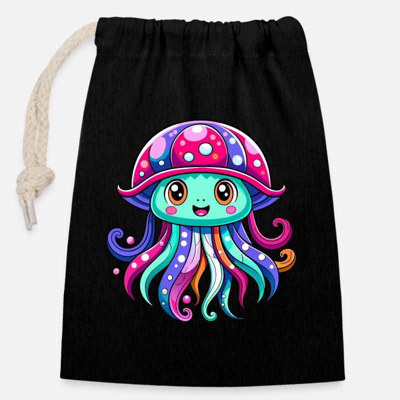 Méduse mignonne - Sac cadeau en coton avec cordon (14 x 20 cm) - noir