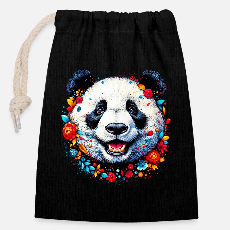 Panda - Verschließbarer Geschenkbeutel aus Baumwolle (14x20cm) - Schwarz