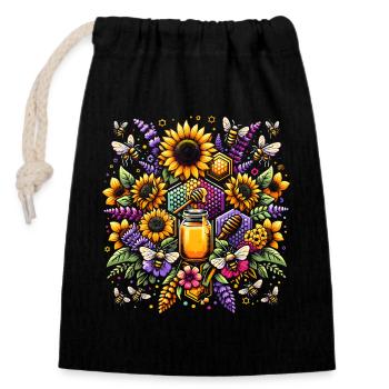 Vibrant, colorful artwork with bees - Closable cotton gift bag (14x20cm) - black - Front