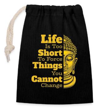 La vie est trop courte pour forcer les choses Statue bouddhiste - Sac cadeau en coton avec cordon (14 x 20 cm) - noir - Devant