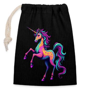 Psychedelisches Neon-Einhorn – Buntes Fantasy-Pferd - Verschließbarer Geschenkbeutel aus Baumwolle (14x20cm) - Schwarz - Vorne