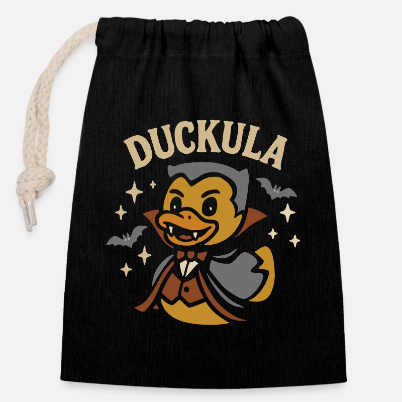 Canard en caoutchouc vampire & drôle de dicton « Duckula » motif - Sac cadeau en coton avec cordon (14 x 20 cm) - noir
