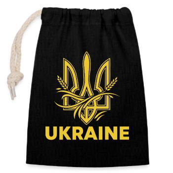 Ukrainischer Dreizack mit Weizenmotiv - Verschließbarer Geschenkbeutel aus Baumwolle (14x20cm) - Schwarz - Vorne