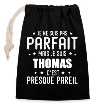 Thomas: authentic, imperfect, top, perfection - Closable cotton gift bag (14x20cm) - black - Front