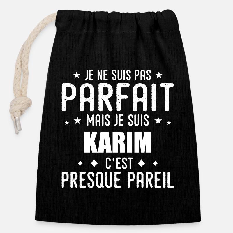 Karim : authentique, imparfait, top, perfection - Sac cadeau en coton avec cordon (14 x 20 cm) - noir