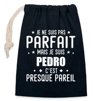 Pedro: authentic, imperfect, top, perfection - Closable cotton gift bag (14x20cm) - navy - Front