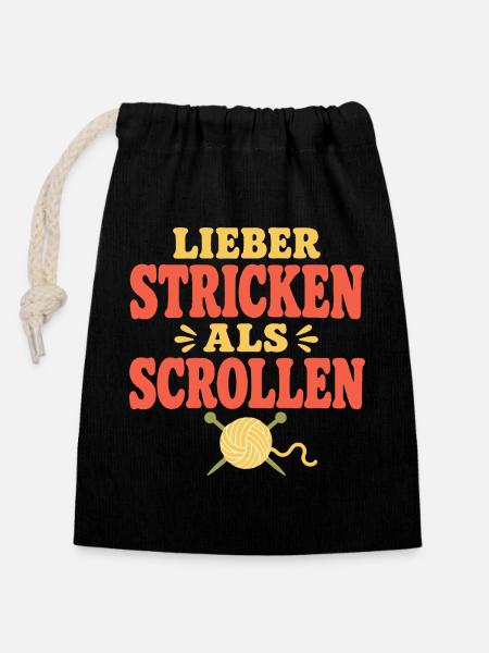 Lieber stricken als scrollen – Retro-Strickspruch - Verschließbarer Geschenkbeutel aus Baumwolle (14x20cm) - Schwarz