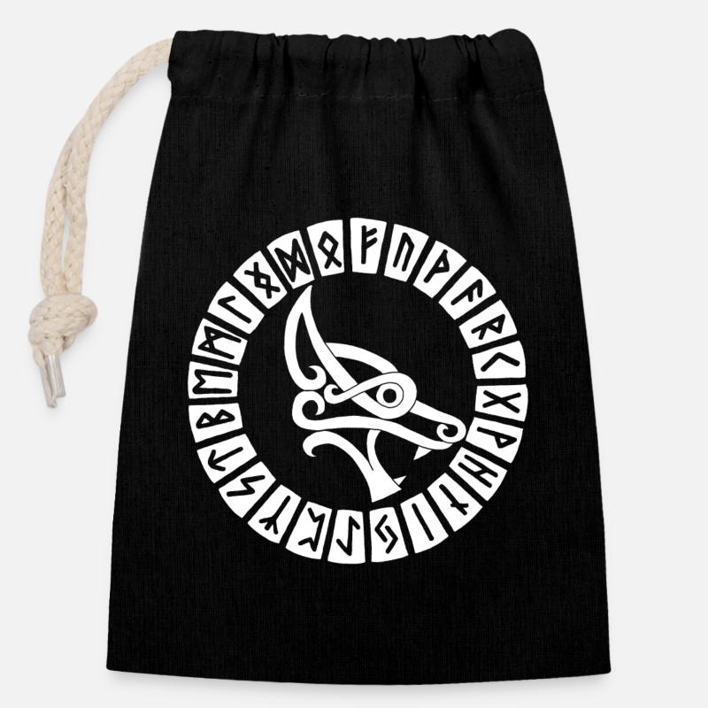 Loup blanc et runes vikings - Sac cadeau en coton avec cordon (14 x 20 cm) - noir