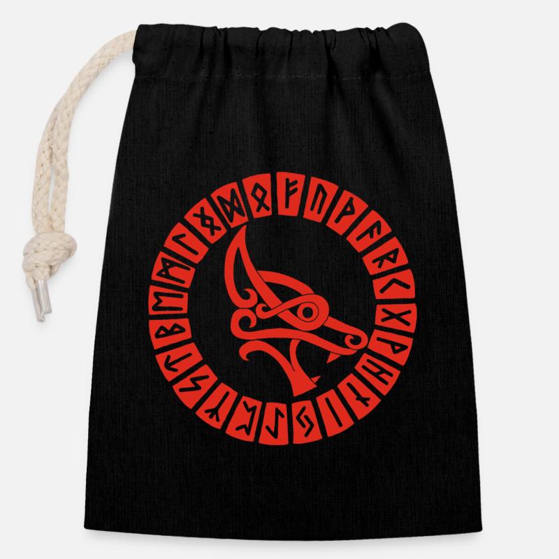 Loup rouge et runes vikings - Sac cadeau en coton avec cordon (14 x 20 cm) - noir
