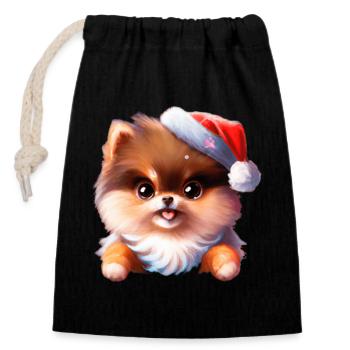 Hund süßer Spitz mit Hut für Weihnachten - Verschließbarer Geschenkbeutel aus Baumwolle (14x20cm) - Schwarz - Vorne