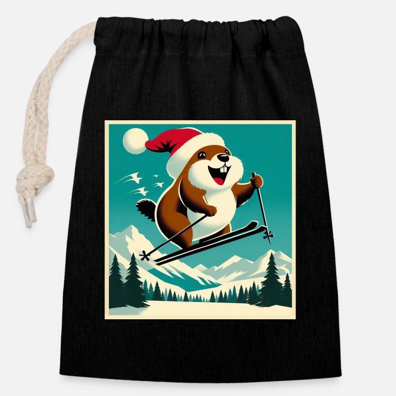 Marmotte Ski Affiche Vintage - Sac cadeau en coton avec cordon (14 x 20 cm) - noir