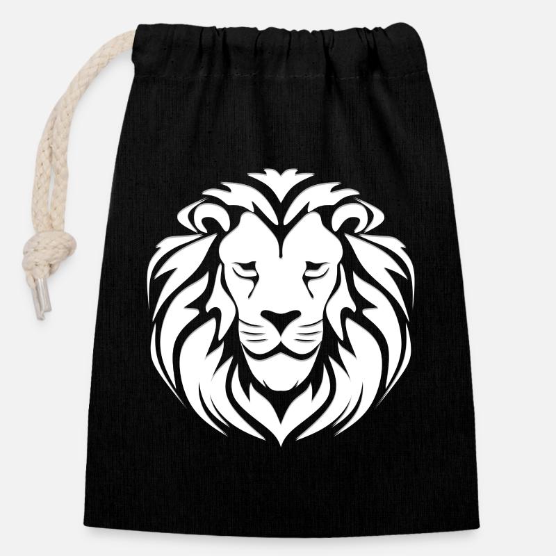 Lion's Head, White - Closable cotton gift bag (14x20cm) - black