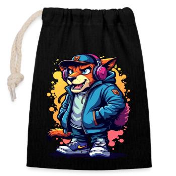 Edgy Cat in Headphones and Stylish Jacket Art - Closable cotton gift bag (14x20cm) - black - Front