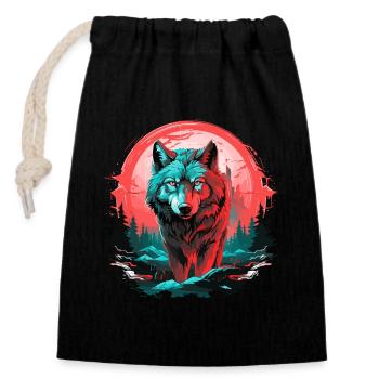 Loup, Nuit, Lune, Néon, Tête de loup, Forêt, Nature, Montagnes - Sac cadeau en coton avec cordon (14 x 20 cm) - noir - Devant