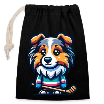 Icehockey Sheltie Comic Hund Eishockey - Verschließbarer Geschenkbeutel aus Baumwolle (14x20cm) - Schwarz - Vorne