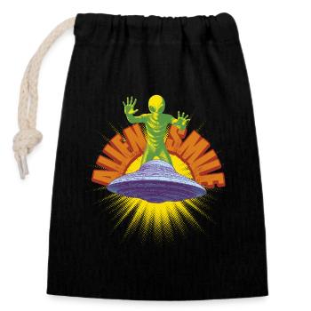 Ship and Retro Alien - Closable cotton gift bag (14x20cm) - black - Front