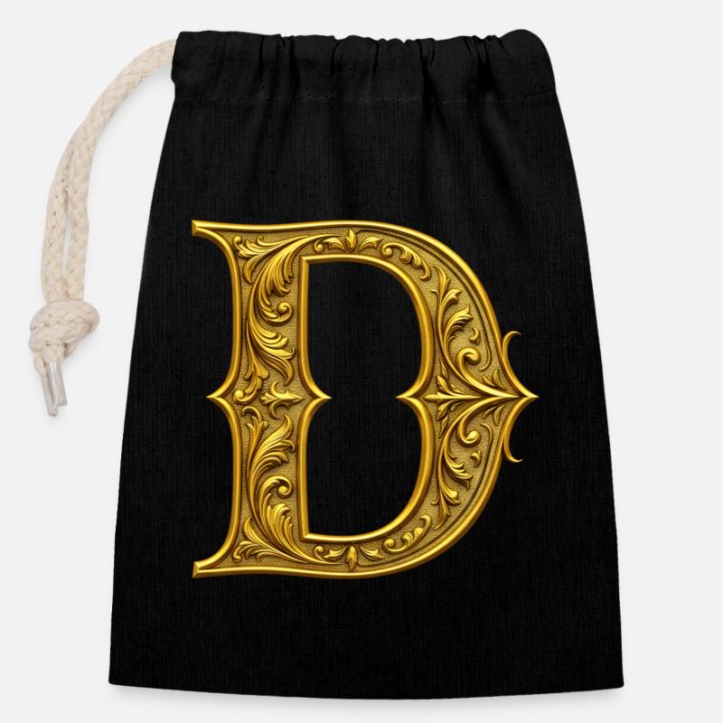 Initiale D Dorée Ornementale - Sac cadeau en coton avec cordon (14 x 20 cm) - noir