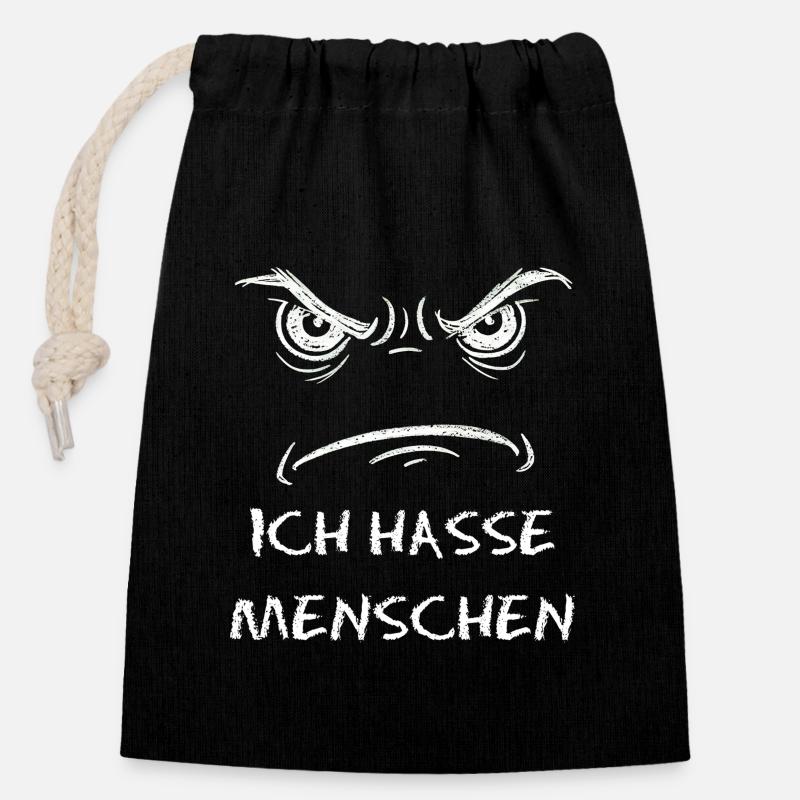 Ich hasse Menschen Augen Motiv - Verschließbarer Geschenkbeutel aus Baumwolle (14x20cm) - Schwarz