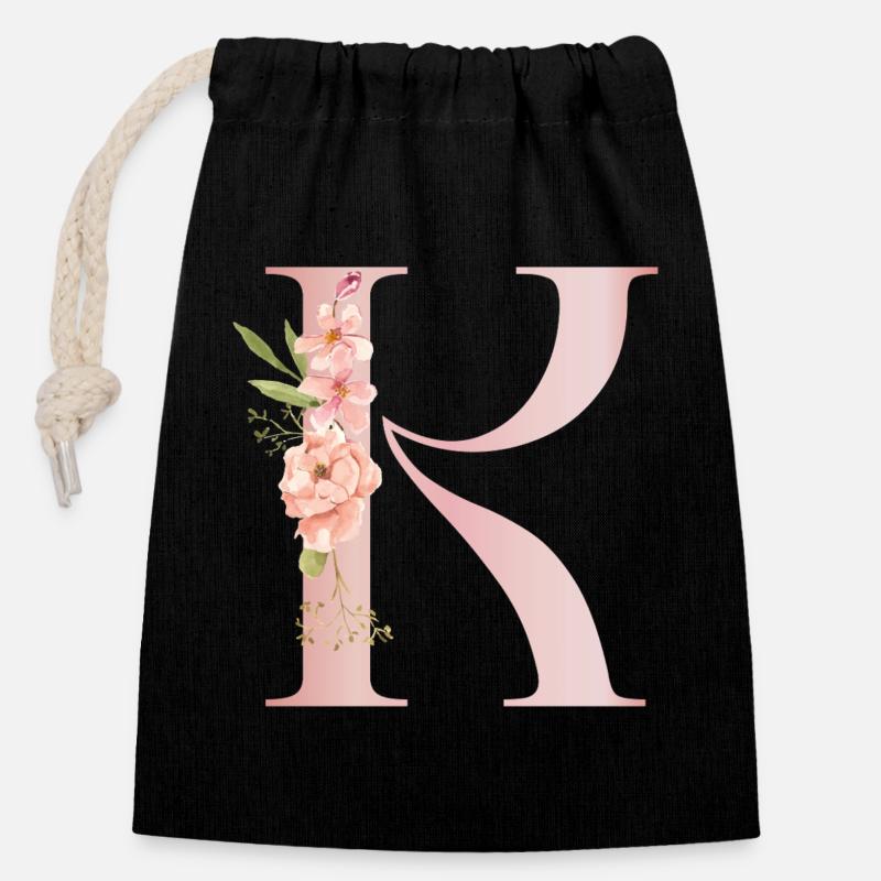 Monogramme floral R pastel - Sac cadeau en coton avec cordon (14 x 20 cm) - noir